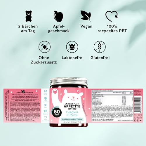 Snack Smart Appetit Control Gummibärchen – mit Chrom & Cholin, mit Pflanzenextrakten – 60 Stück (1 Monat Vorrat) – Vegan, Ohne Zugesetzten Zucker – Bears with Benefits