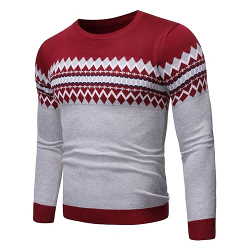 Men's Patterned Knitted Pullover Male Long Sleeve Colorblock Sweater Men Crewneck Vintage Knitted Skinny Pullove