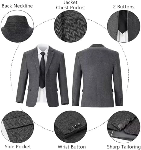 3 Piece Men's Tweed Herringbone Suit Slim Fit Business Prom Wedding Groom Tuxedos Set Notched Lapel Blazer Vest Pants Grey-2XL3