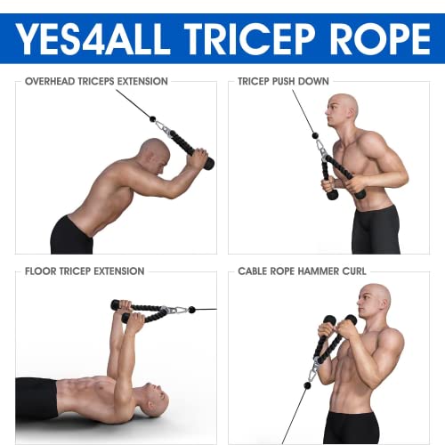 Image of Yes4All Deluxe 27 inch Red & Black Tricep Rope with Carabiner, Exercise Machine Attachments, Pulley System Pull Down Rope, LAT Cable Attachment for Row Machine & Cable Machine