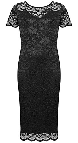 Image of WearAll Plus Size Womens Lace Lined Ladies Short Sleeve Bodycon Midi Dress - Black - 14