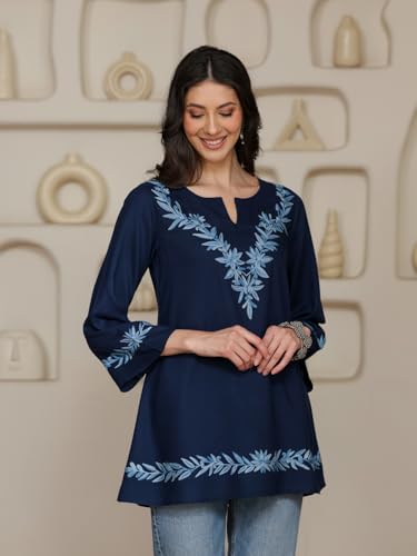 Image of QAZMI Women Kashmiri Aari Embroidered Viscose Rayon A-Line Short Kurti with Bell Sleeves