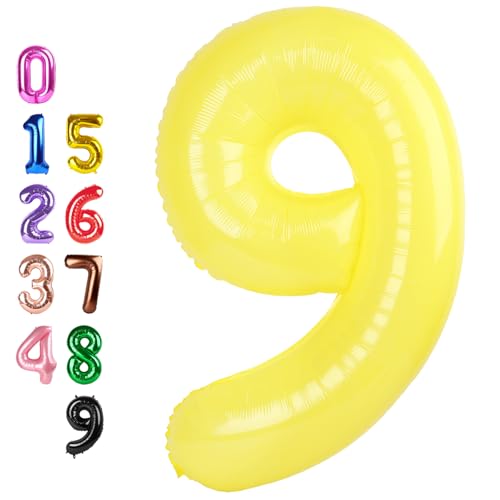 Image of Number Balloons 9 Balloon Yellow for 9th Birthday Party Decoration, 40 inch | Saturated Color, Large 40 inch, With Inflation Straw & Hanging Holes, Great for Thanksgiving, Labor Day, Vintage Theme Party