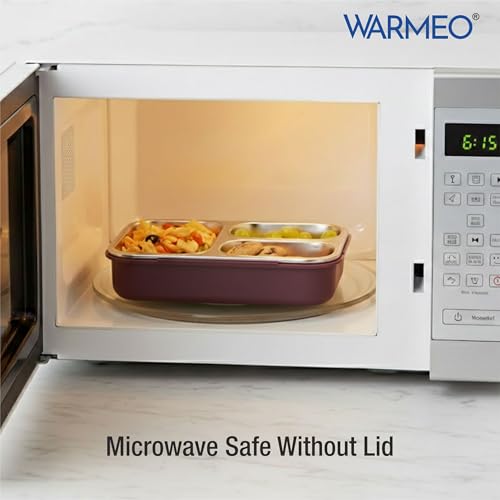 Image of WARMEO BENTO Microwave-Safe Stainless Steel Lunchbox with 3 compartments,bpa Free,Perfect for Office, School, Travelling, 750ml-brown