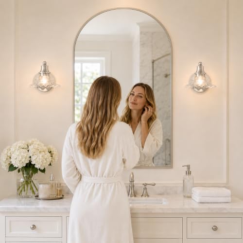Image of Brushed Nickel Bathroom Wall Sconce Vintage Style, E26 Easy Mounted | Vanity Light with Flower Glass Shade, Bathroom Wall Lighting Fixture Beside Mirror, Easy Mounted for Bedroom, Hallway
