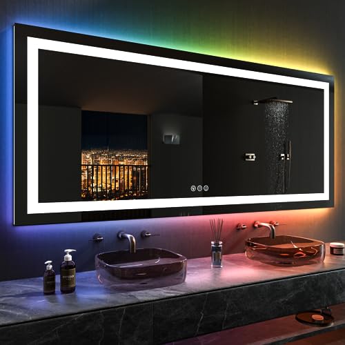 LOAAO 84"X40" LED Bathroom Mirror with Lights, Anti-Fog, Dimmable, RGB Backlit + Front Lighted, Bathroom Vanity Mirror for Wall, Memory Function, Waterproof, Tempered Glass