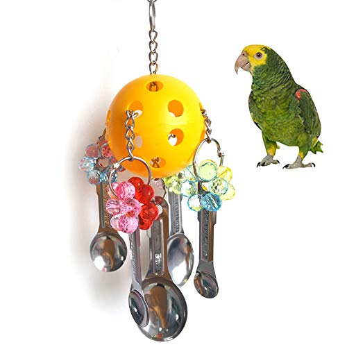 strimusimak Pet Parrot Plastic Hanging Play Chew Toy Hollow Ball Beads Spoon Cage Decor for Birds Supplies Ring Style + Red Ball