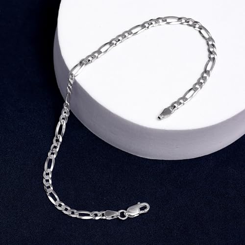 Image of TRUESILVER ACPL Solid 925 Sterling Silver Figaro Link Chain Bracelet | Italian Diamond-Cut 4MM Figaro Chain Bracelet for Women Men (7, 7.5, 8, 8.5, 9 Inches)
