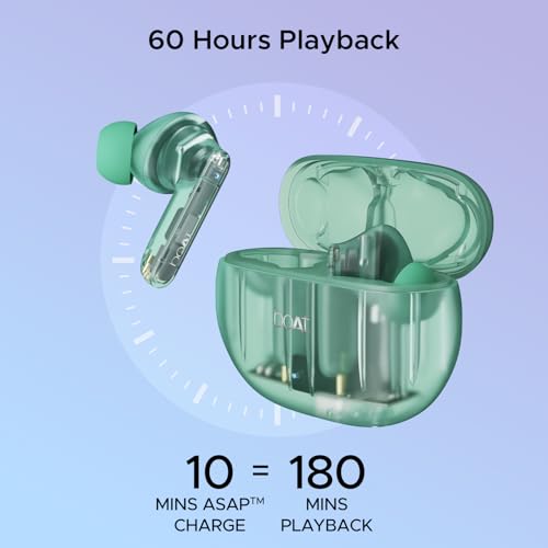 Image of Boat Airdopes 191 ANC, 32dB ANC, Ambient Mode, 60HRS Battery, 4Mics ENx, in-Ear Detection, IWP Tech, Fast Charge, v5.3 Bluetooth Earbuds, TWS Ear Buds Wireless Earphones with mic (Pellucid Green)