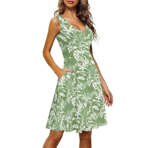 Image of Women Stylish Tank Dresses Sleeveless Round Neck Midi Casual Dress with Pocket for Summer