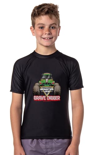 Monster Jam Grave Digger Boys' Short-Sleeve Swimsuit Rashguard Shirt Top Quick Dry