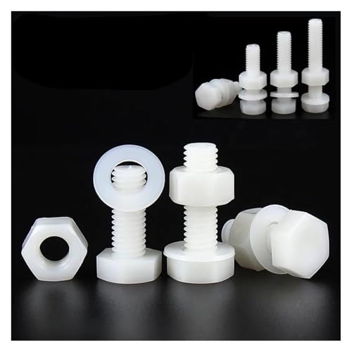KSeSii Juego de combinación de tornillos de nailon hexagonales exteriores blancos, tuercas y arandelas, pernos de plástico aislados con rosca métrica, M3, M4, M5, M6 y M8, 5 a 100 unidades(100 set,M3x