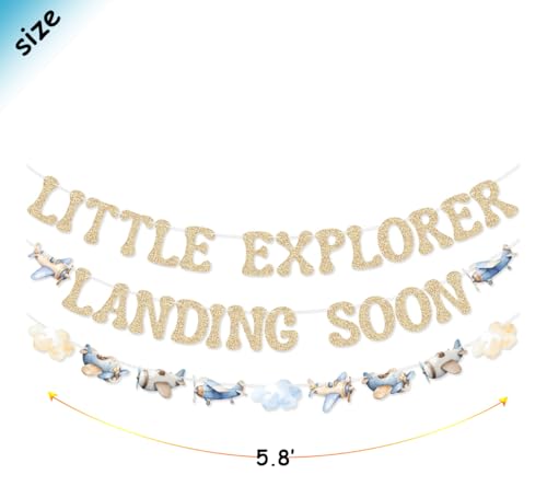 Image of Little Explorer Landing Soon Banner Airplane Garland for Blue Airplane Baby Shower Adventure Awaits Baby Shower Decorations