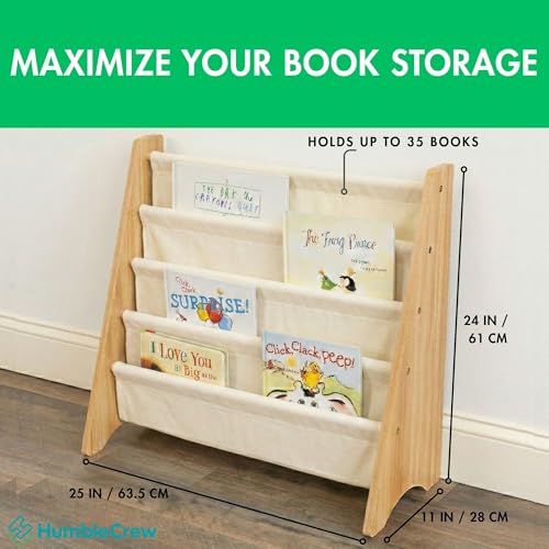 Image of Humble Crew 4-Tier Kids Bookshelf, Natural /White - Premium Book Shelf for Kids Rooms with Four Deep Pockets - Toddler Sling Book Rack with Deep Sleeves, Nursery Bookcase Organizer