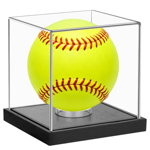 Image of Hooqict Softball Display Case Clear Acrylic Ball Holder Softball Holder Display Case UV Protected with Wood Base Stand Championship Sports Collections Box for Game Ball Baseball