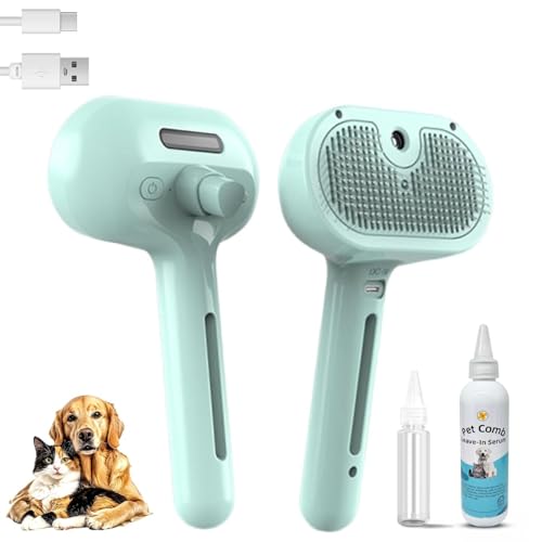 3-in-1 Pet Steam Brush for Cats & Dogs, Self Cleaning Grooming Brush with Mist Spray for Deshedding & Hair Removal, Gentle Massage Comb for Long & Short Haired Pets, 200 ml Waterless Shampoo Included