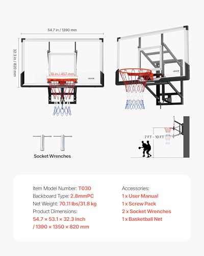 Image of VEVOR Basketball Hoop, 44 54 Inchs PC Backboard Wall Mounted, Basketball Portable Hoop & Goal, Indoor & Outdoor with Hand-Crank Adjustment, Classic Basketball Court, Teens, Adults, Schools, Parks