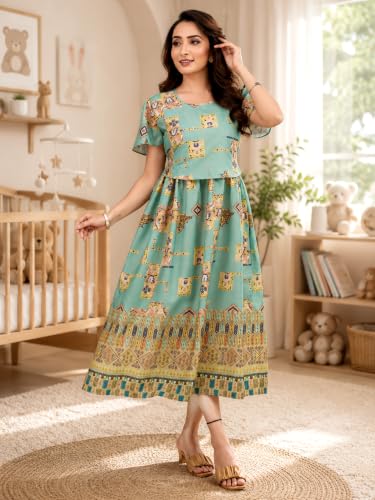 Image of RITIJYA Zipless Feeding Kurta Dress for Women | Maternity Nursing Kurti, No-Zip Easy Access | Extra Pleats Pre to Post Pregnancy | Quick-Dry Fabric | S-4XL