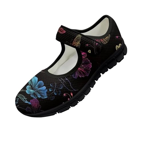 Jeiento Women's Soft Comfort Round Toe Butterfly Flower Mary Jane Buckle Fashion Ballet Flats