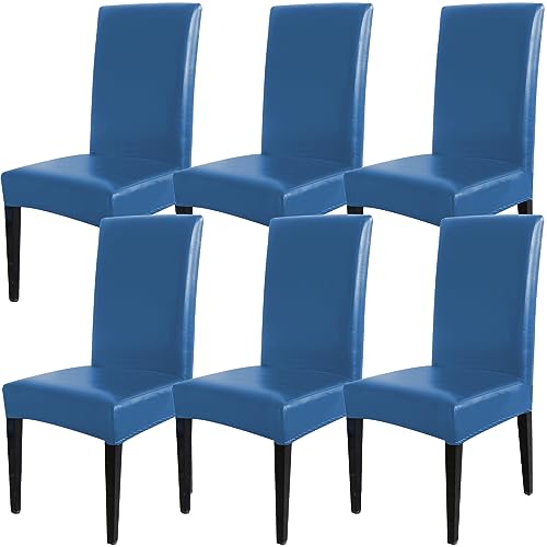 Qubjus Dining Chair Covers, Solid Pu Leather Waterproof Oilproof Stretch Dining Chair Protector Cover Slipcover (Blue, 6 Pack)