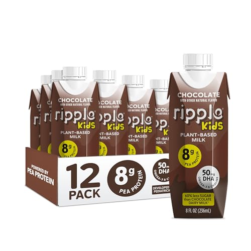 Ripple Kids Chocolate Plant Based Milk | Pediatrician Reccommended | 8g Pea Protein | Shelf Stable | Vegan & Non GMO Certififed | Dairy, Soy, Nut, Gluten, and Lactose Free | 8 Fl Oz (Pack of 12)