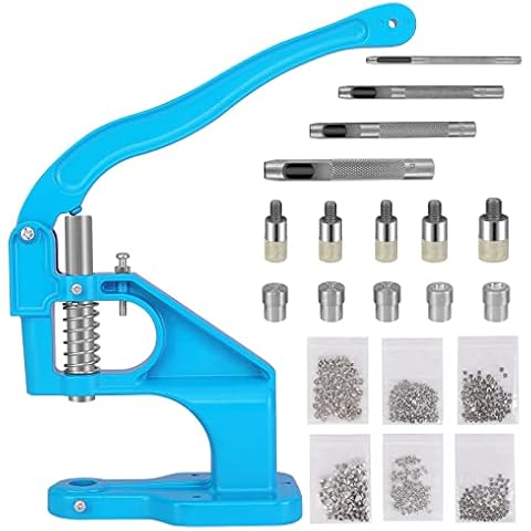 Hand Press Grommet Machine - wuyule Blue Heavy Duty Grommet Tool Kit with 5Pcs Dies, 300Sets Grommets, 4Pcs Eyelet Machine Hole Punch Tool Kit for Bag Belt Wallet Jeans Cover