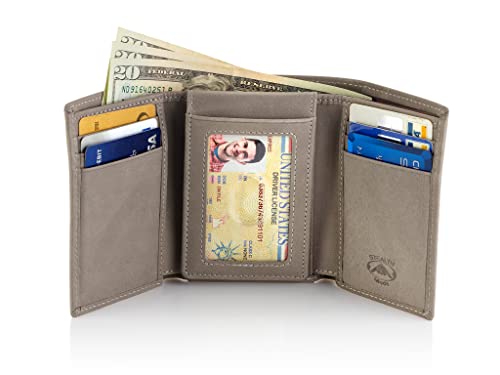 Stealth Mode Trifold Wallet - RFID Blocking Wallet with Flip ID Holder - Leather Case for Money, Credit Cards - Mens Organizer, Divided Billfold, Identity Protection - Men's Gifts (Grey)2