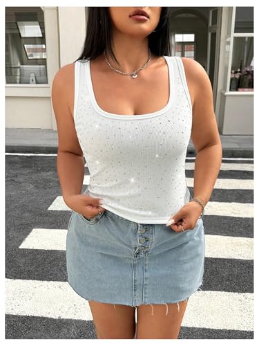 WDIRARA Women's Plus Size Rhinestone Tank Top Square Neck Sleeveless Rib Knit Tops2