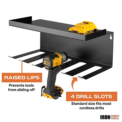Image of Iron Forge Tools Power Tool Organizer for Shop & Garage, Heavy Duty Wall Mounted Rack With Storage & 5 Drill Storage Slots - For Workshop Organization