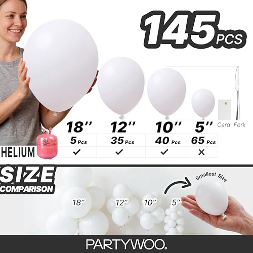 Image of PartyWoo White Balloons 145pcs Different Sizes Pack of 18 12 10 5 Inch Matte White Latex Balloon Arch Kit Garland for Wedding Bridal Graduation Baby Shower Birthday Party Decorations White-Y13
