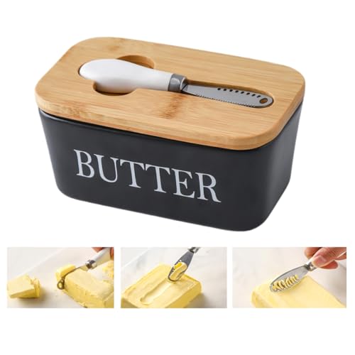 Ceramic Butter Dish with Wooden Lid,Large Butter Container Keeper Storage with Stainless Steel Butter Knife Spreader,Bamboo Cover and Silicone Sealing Ring for Perfect for Butter,Cheese (Black,610ML)