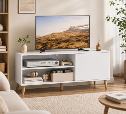 Image of WLIVE TV Stand for 55 Inch TVs, Entertainment Center with Storage Cabinet, Mid-Century TV Stands for Living Room and Bedroom, 50 inch TV Console, White