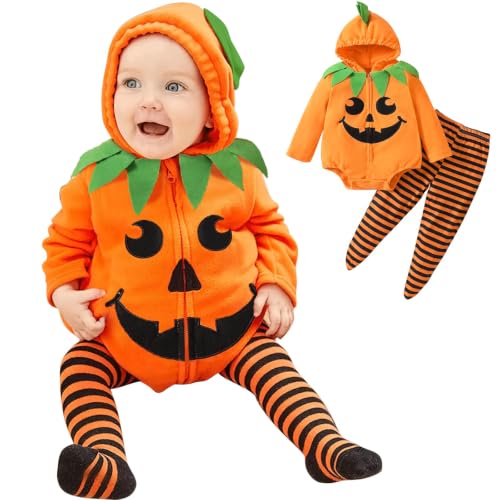 2Pcs Kürbis Kostüm Baby, Süßes Halloween Outfit Neugeborenen Hoodie 12-18M