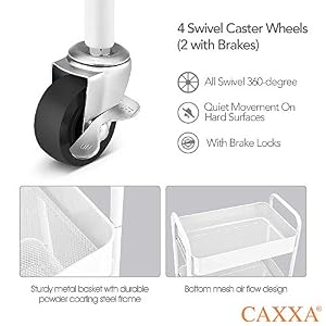 CAXXA 3-Tier Rolling Metal Storage Organizer - Mobile Utility Cart Kitchen Cart with Caster Wheels, White CAXXA 3 Tier Rolling Metal Storage Organizer Mobile Utility Cart Kitchen Cart with Caster Wheels White