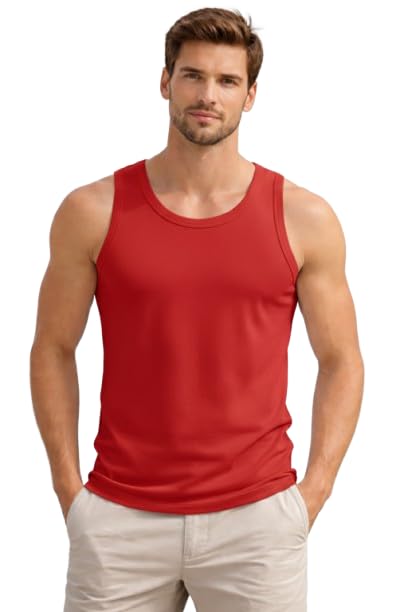 Men's Solid Red Sleeveless Cotton Vest, Round Neck Sendo-image-0