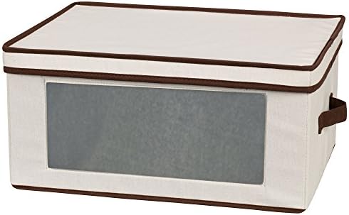 Household Essentials Natural 540 Vision Storage Box with Lid and Handles |Stemware and Glasses for Cocktails Beige Canvas with Brown Trim