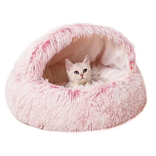 qing yun Cama de cueva de gato, saco de dormir esponjoso para gatos, acogedora y cálida de felpa para mascotas, cama de iglú para gatos de interior (35 cm, rosa) Cover