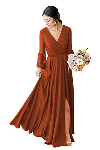 POMUYOO Long Sleeve Chiffon Bridesmaid Dresses for Women Fall Maxi Pleated Formal Gown with Slit YG1844