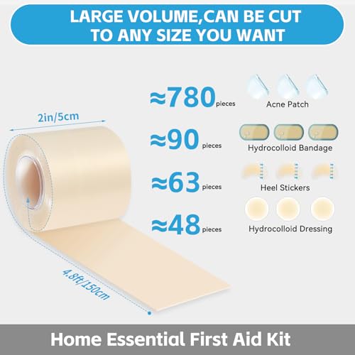 Hydrocolloid Bandages for Wound Care, Extra Large Medical-Grade Hydrocolloid Roll with Self-Adhesive, Ultra Absorbent, Flexible & Waterproof, DIY Size & Shape First Aid Kit Essential (2in*4.8ft)