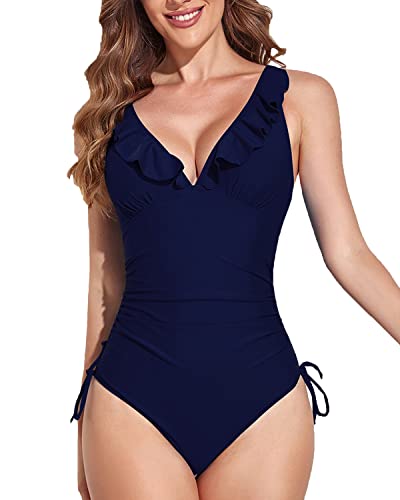 Ggpyyon Maillot de bain une pièce pour femme avec contrôle du ventre, bikini froncé et col en V, Bleu foncé #5., L Cover