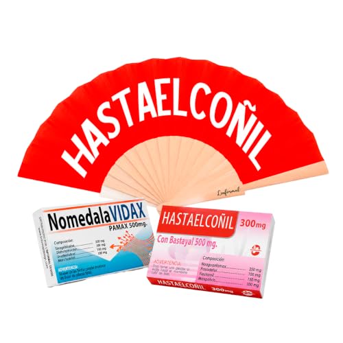 LINFORMAL Pack Regalo Divertido Mujer con Abanico Rojo HastaElCoñil y 2 Pharmacoñas de Broma, HastaElCoñil y NoMeDaLaVidaX, Regalo Original Amiga, Compañera Trabajo, Cumpleaños, Amigo Invisible
