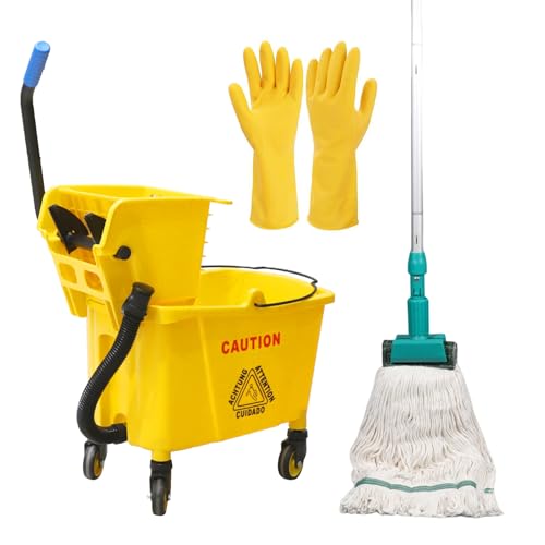 Wajeehaa Side Press Wringer Combo Commercial Mop Bucket on Wheels, 35 Quart,Yellow, Including Commercial Mop and Rubber Gloves