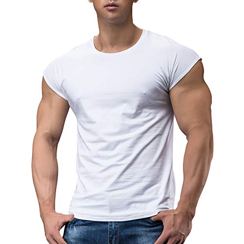 Herren Sportlich T-Shirts Tees Kurz Ärmel Bodybuilding Trainieren Ausbildung Fitness Tops Crew Hals Baumwolle Weiß XL
