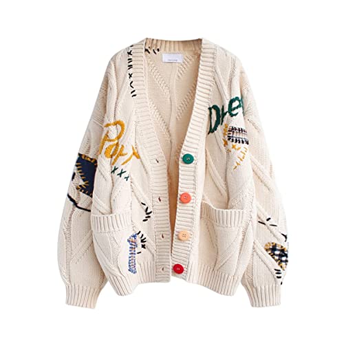 yoeasy Women's Embroidery V Neck Knit Cardigan Sweater Loose Open Front Button Down Long Sleeve Sweater