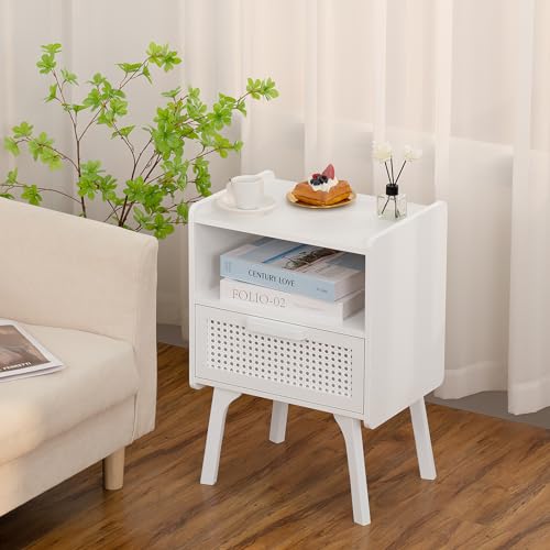 Image of Lerliuo Rattan Nightstands Set of 2, Side Table with Drawer Open Shelf, Cane Accent Bedside End Table with Solid Wood Legs, Mid Century Modern Night Stand for Bedroom, Dorm and Small Spaces (White)