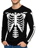 URBAN BUCK Men Halloween Skeleton Shirt Casual Rib Cage Graphic Long Sleeve Black Costume Tshirt (L)