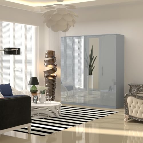 URBAN FURNISHING 4 Door Wardrobe with Drawers, Hanging Rails & Shelves Modern High Gloss Wardrobe for Bedroom (Grey) - Image 6