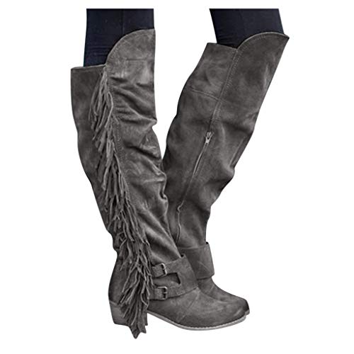 Botas Altas Mujer ACEBABY Moda Color Sólido Botas de Flecos Estilo Retro Romano Botas sobre la Rodilla Tacón Grueso Otoño e Invierno Adecuado para IR de Compras, Fiesta