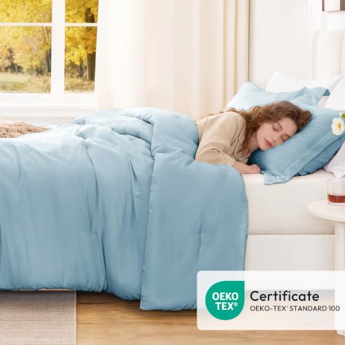 Image of Love's cabin Light Blue Full Comforter Set, 3-Piece Prewashed Bed Set with 1 Comforter (79 x 90 in) & 2 Pillowcases, Lightweight & Breathable for All Seasons