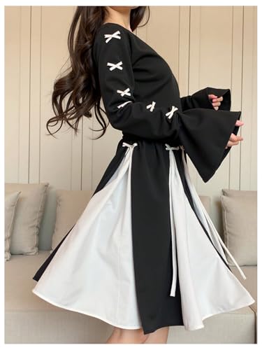 Verdusa Girl's Coquette Bow Dress Colorblock Flare Sleeve Short Flowy Dresses2